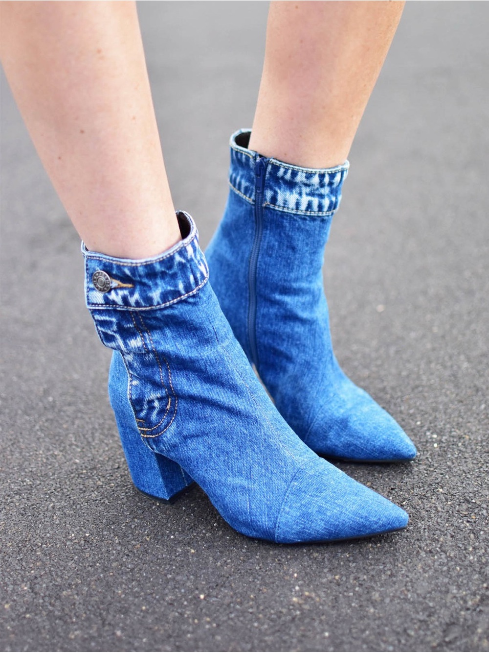 Jeffrey Campbell Finite Denim Block Heel Booties Pointed Toe Size 9